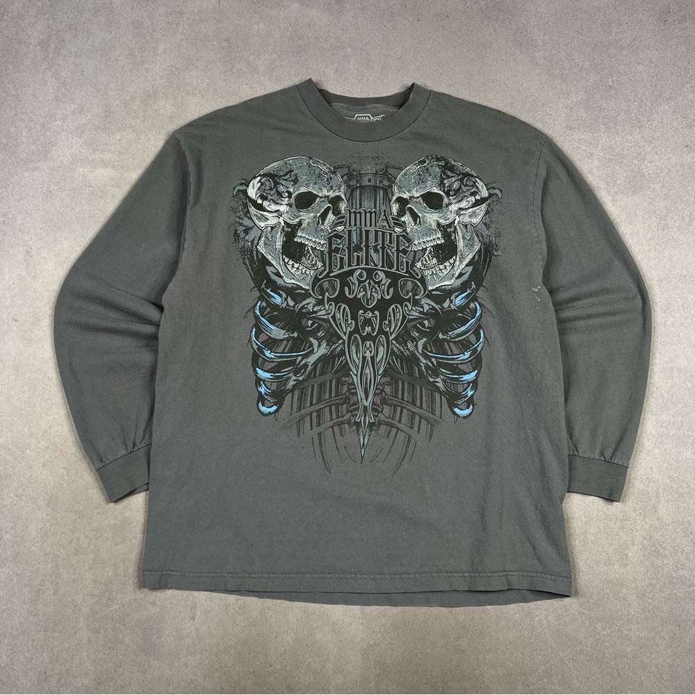 MMA Elite Affliction Style Men's Long Sleeve Skull Graphic Tee - Charcoal Gray